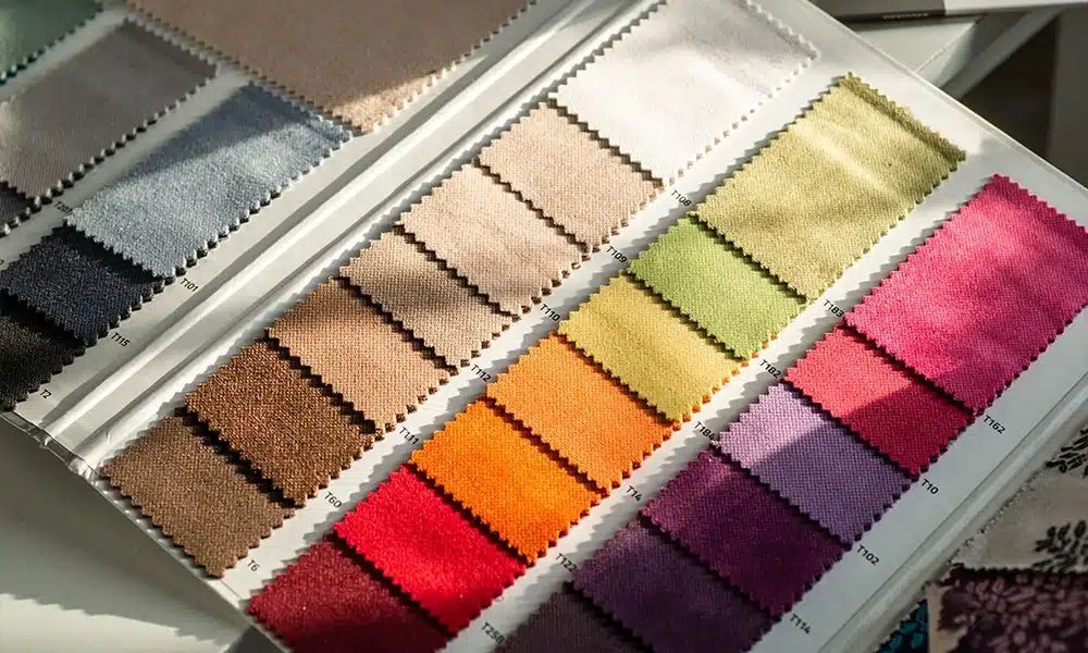 multicolour swatch card with different fabric samples for banquette seating upholstery