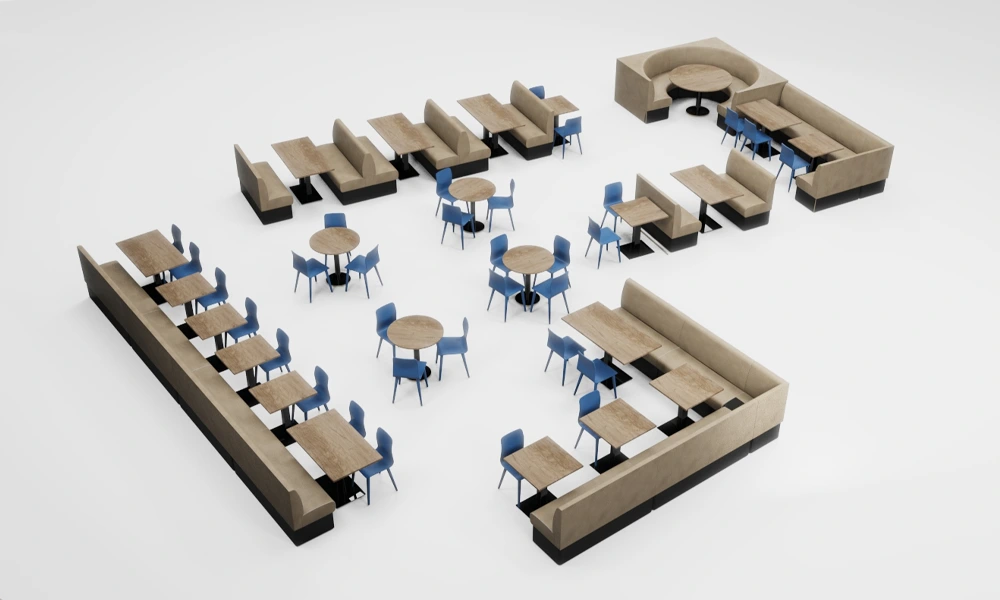 A large restaurant floor plan in 3D full of tables and chairs and booth seating laid out in various formations, with corner banquettes, straight runs and U shape sets
