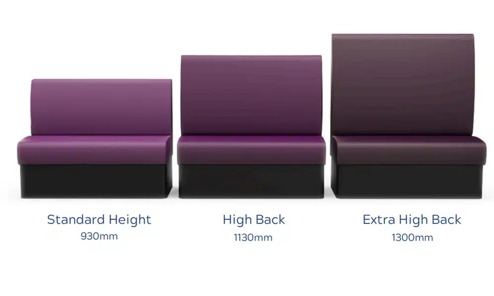 a row of booth seating with various heights, showing the difference between standard height high back and extra high