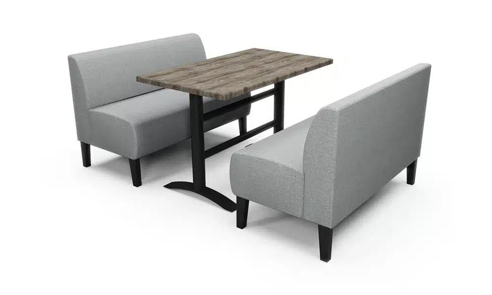 a booth set with a table inbetween, showing the relation distance from booth to table