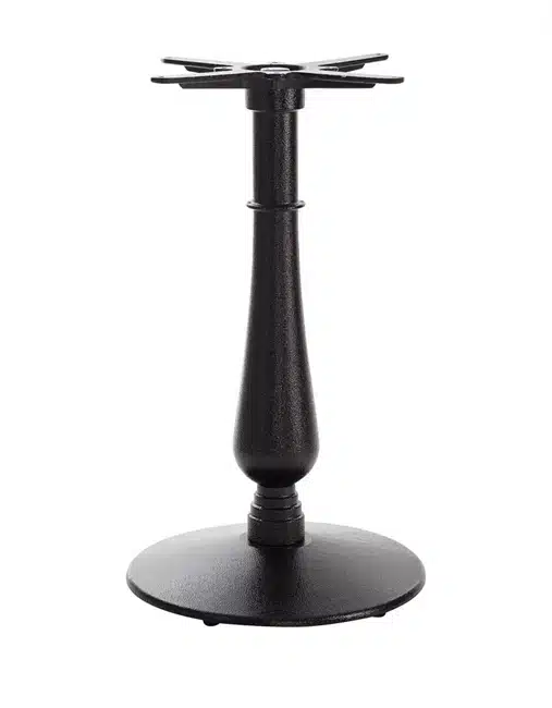 Decorative black candelabra-style table base for classic dining spaces.