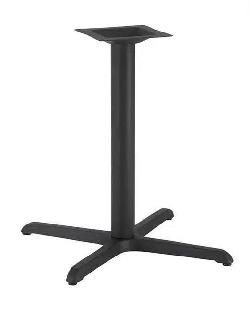 Black crucifix-style table base for stable support in hospitality venues.