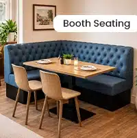 Buttoned Booth Set in a resstaurant interior scene, annotated text 'booth seating' on the image