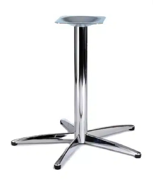 Chrome cruciform commercial table base with four-point stability.