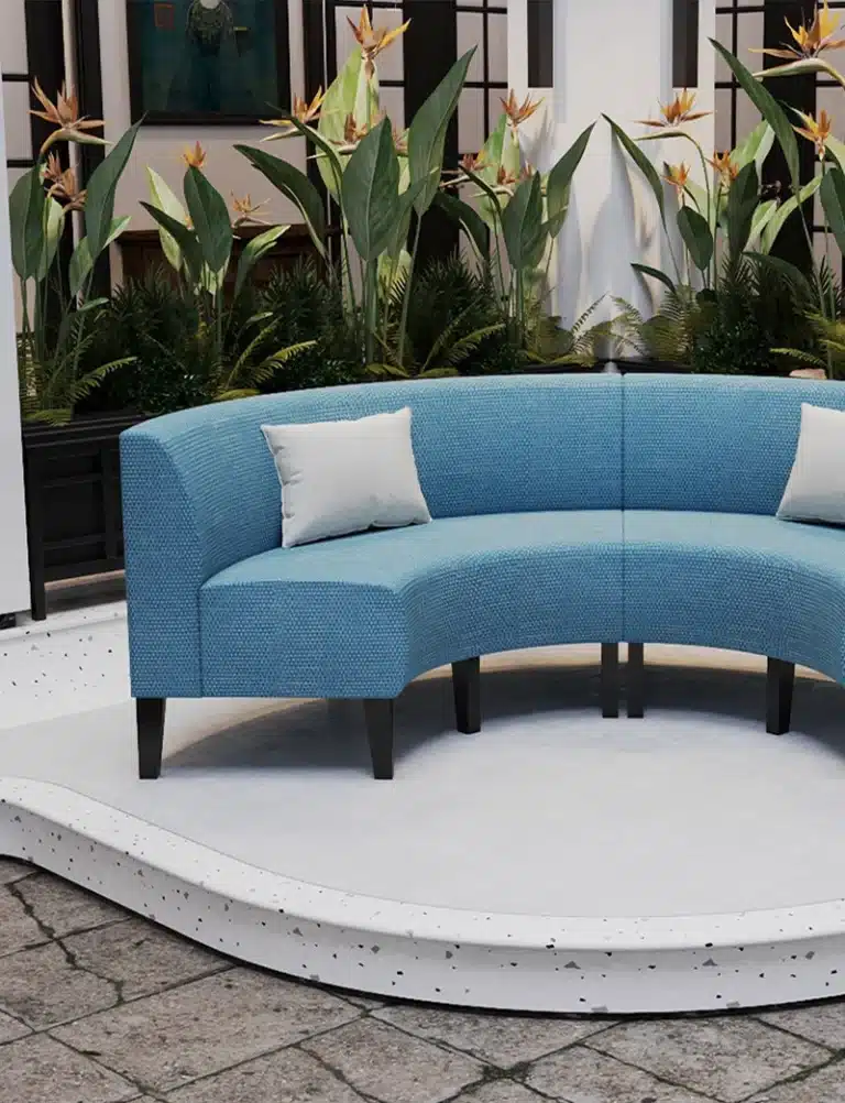 Commercial outdoor banquette seating installed in a restaurant patio or terrace setting.