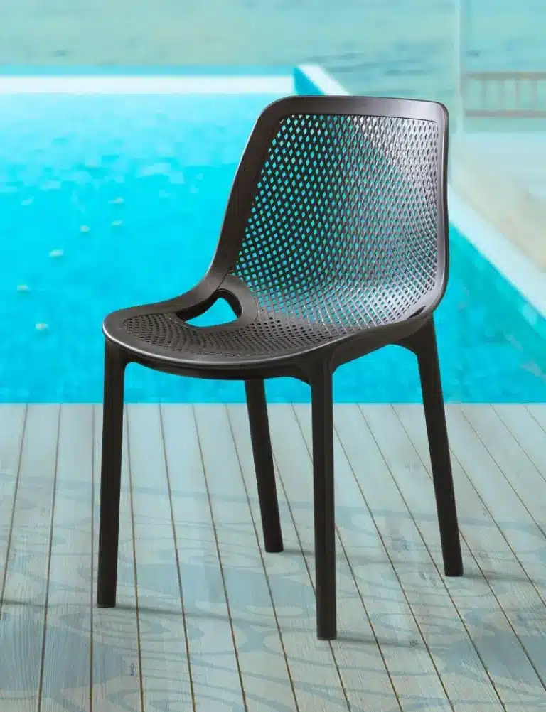 Commercial outdoor chairs and bar stools arranged in a restaurant or café setting.