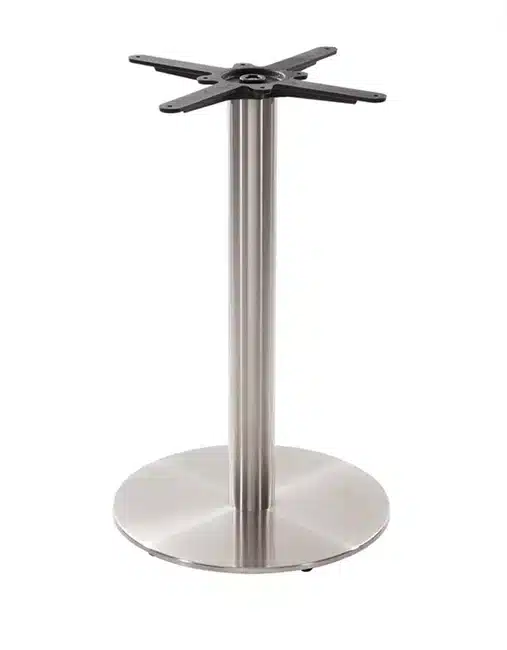 Polished stainless steel round table base for contemporary hospitality venues.