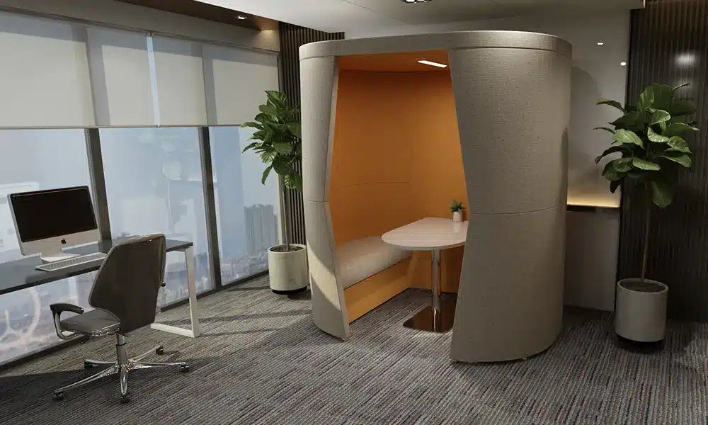 Large Capsule Office Acoustic Pod in a large office space, lights inside the meeting pod light up the room
