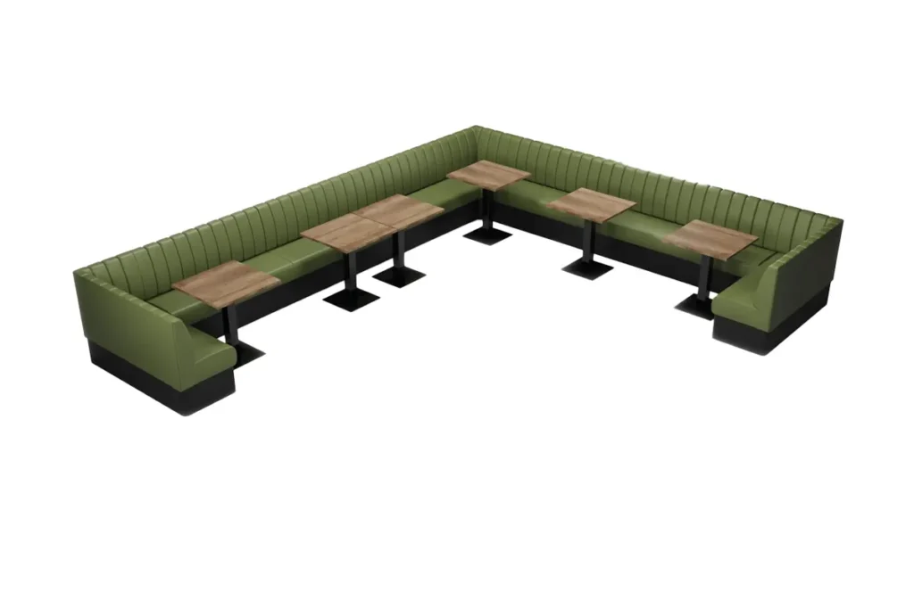 Extended run of deep fluted banquette seating with multiple corner sections and dining tables positioned opposite the booths.