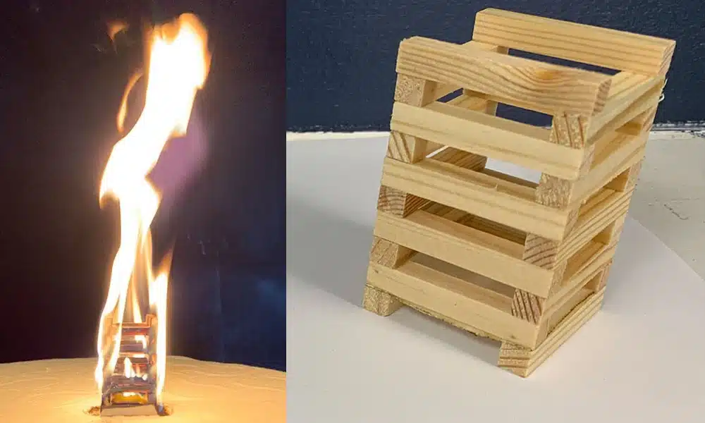 Crib 5 wood crib example on fire and not on fire