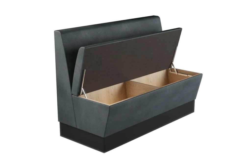 Haven plain back booth seating with the seat lifted to reveal built-in underseat storage compartment.