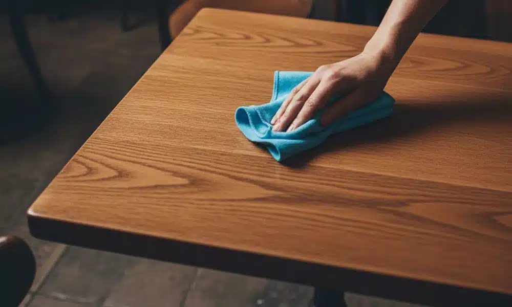 A light oak laminate table top being wiped with a cloth