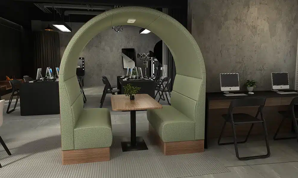 Open plan office with an open meeting pod in the centre