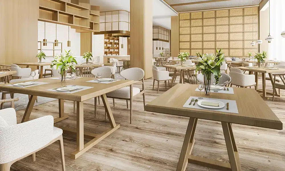 Japanese inspired decor restaurant, bright wood decorations and oak chairs and tables