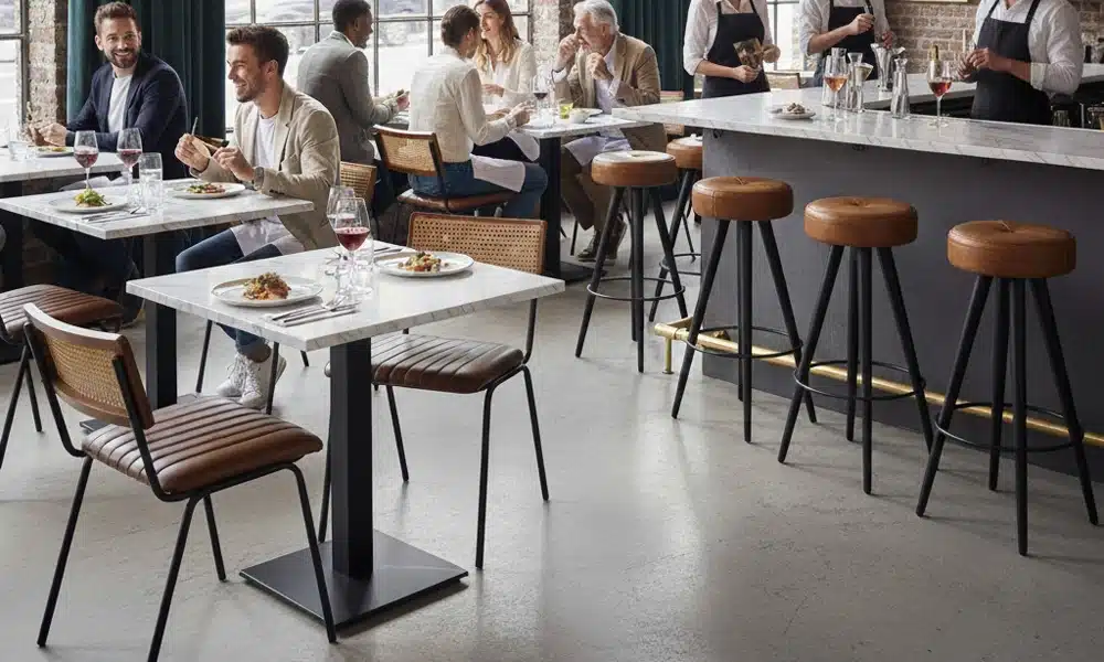Industrial style cafe with distressed upholstered faux leather bar stools and white table tops around with people working and eating