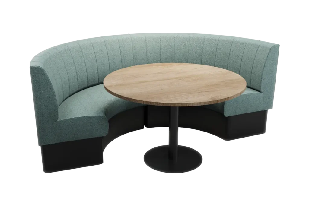 Semi-circular booth seating set with vertical fluted backrest around a round dining table.