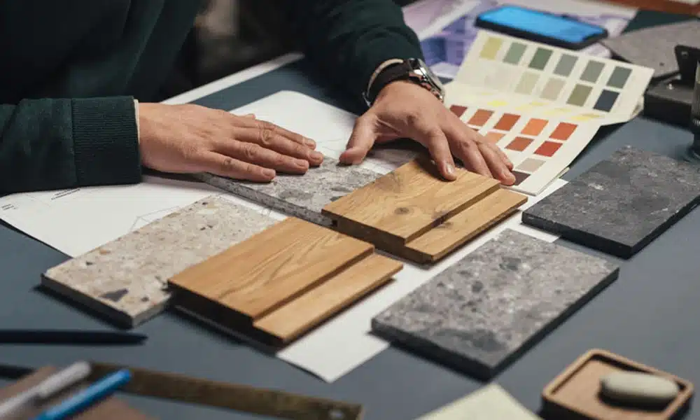 A man holding samples of stone and wood slats, showing different commercian table top styles