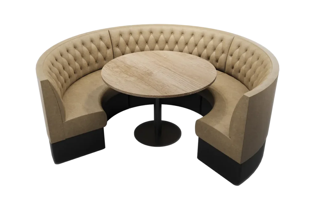 Three quarter round booth seating with deep button-back upholstery and central dining table.
