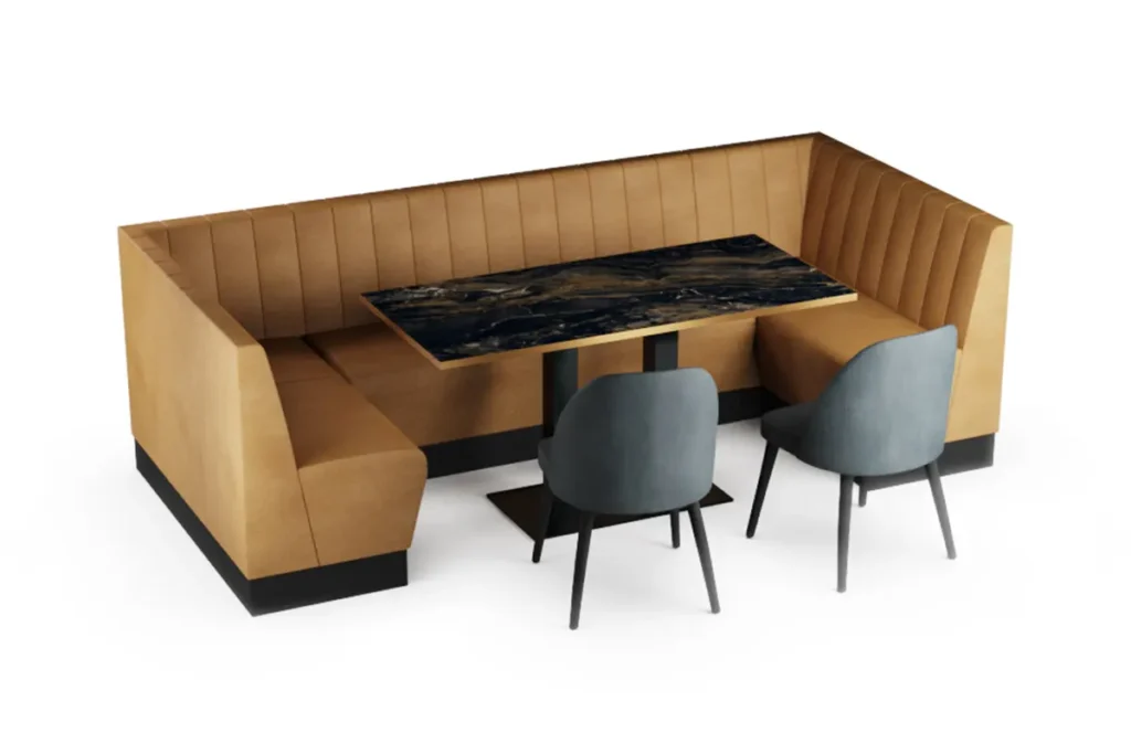 Long U-shaped booth seating with vertical fluted backrest, facing a marble table with loose dining chairs opposite.