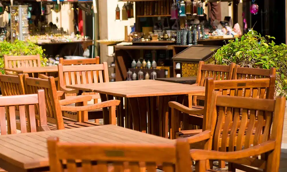 Commercial trade Wooden pub furniture on a UK pub terrace
