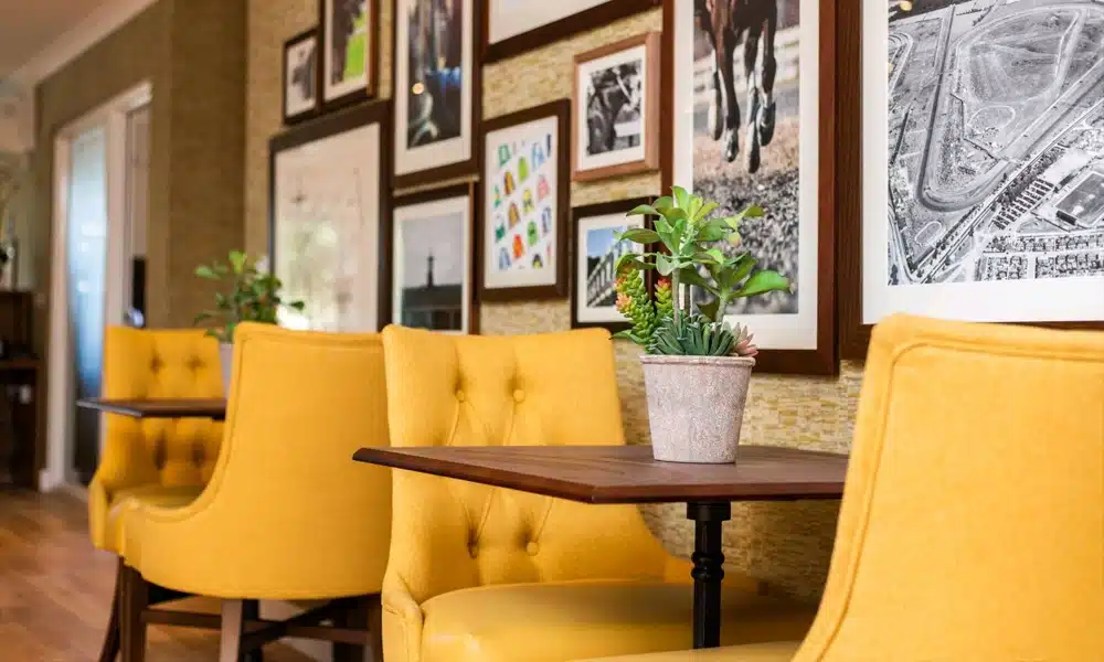 Soft seating dining chairs in yellow commercial fabric, cafe interior with bright decor