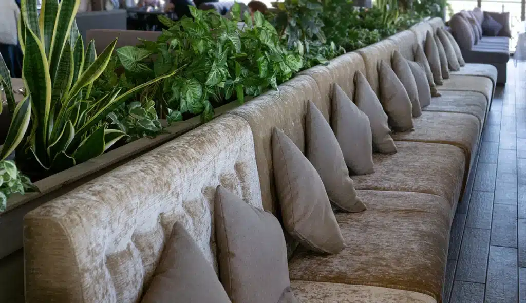 A long run of velvet style banquette seating in front of large planters filled with green plants