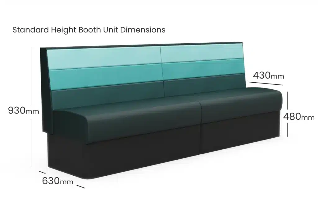 3D dimension drawing of a booth seat showing the height, depth, seat height and seat depth measurments for a standard height booth seat