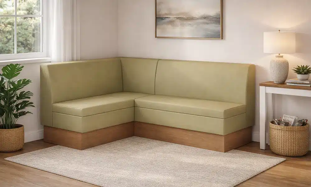 commercial Booth seating in a lounge area up against a wall, light open space room