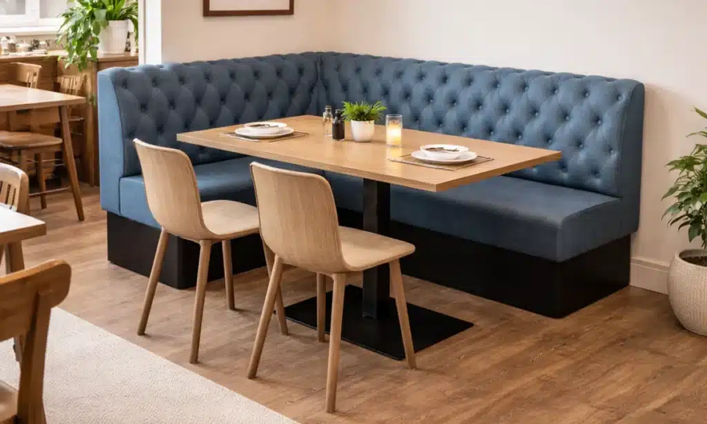 Commercial L-shaped booth seating with tufted upholstery and fixed café table in restaurant interior