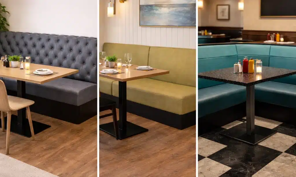 three different commercial interiors with various booth seating back styles within, showing the difference booth back styles make to a room