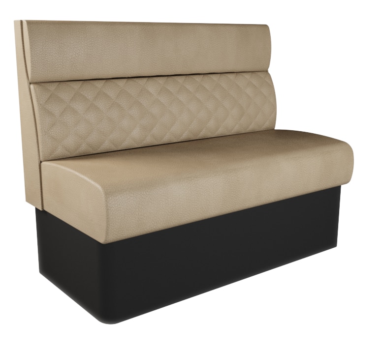 Studio shot of a standard height quilted back booth unit on a white studio background, showing the quilted back design with a upper headroll