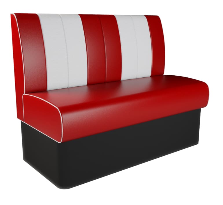 Studio shot of a standard height retro fluted back booth unit on a white studio background, showing the classic red and white retro back design