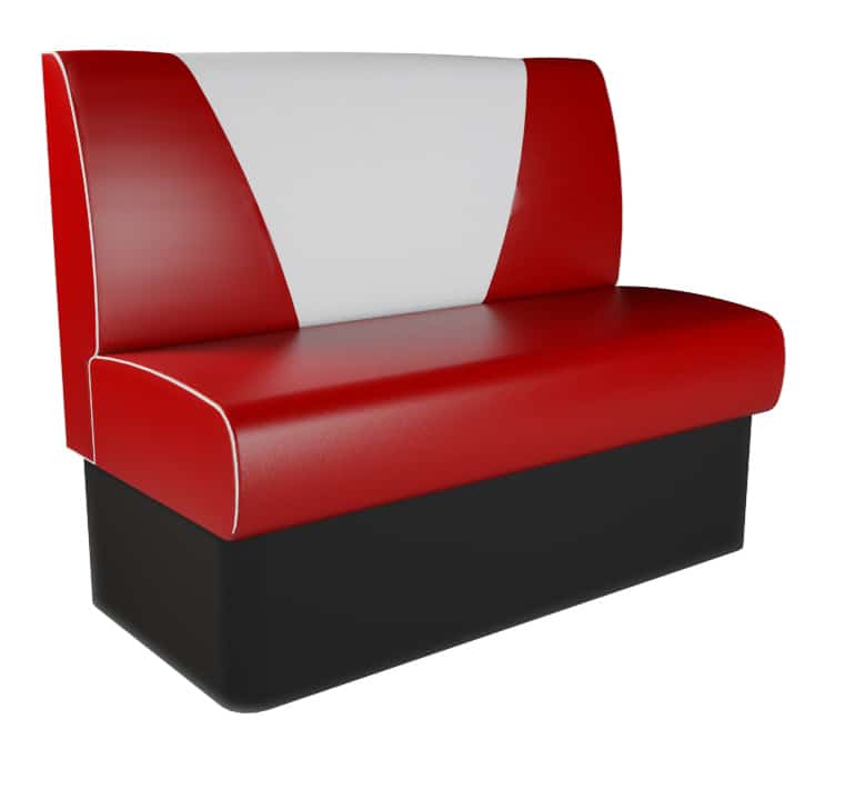 Studio shot of a standard height V back booth unit on a white studio background, showing the classic red and white retro v back design