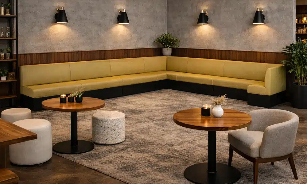 A long L shaped run of booth eating against walls in a commercial restaurant building, olive upholstery, showing a typical seating layout for booth seating