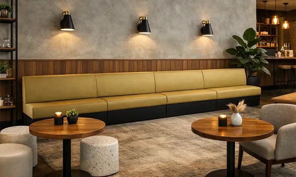 Long run of standard height banquette seating in a commercial restuarant setting, olive faux leather upholstery and intimate lighting shining on them