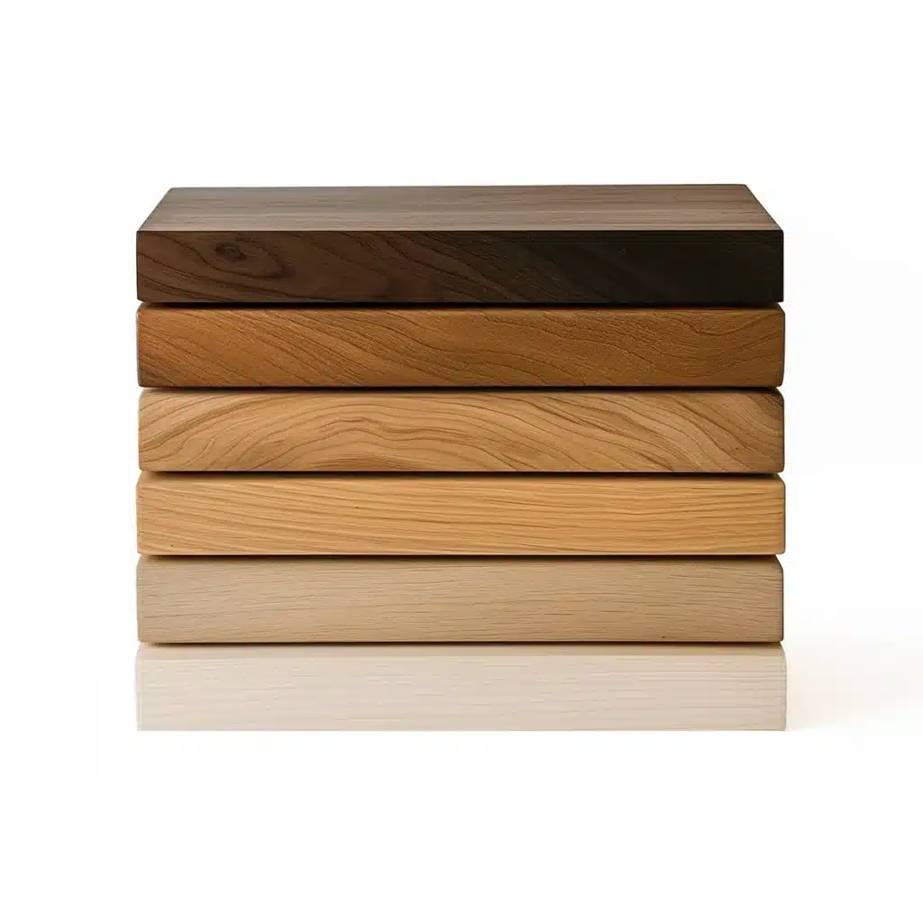 Stacked square contract quality laminate table tops of various wood colour shades