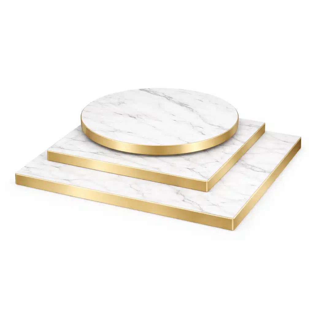 Egger F204 ST9 White Carrara Marble Laminate Table Tops stacked on top of eachother