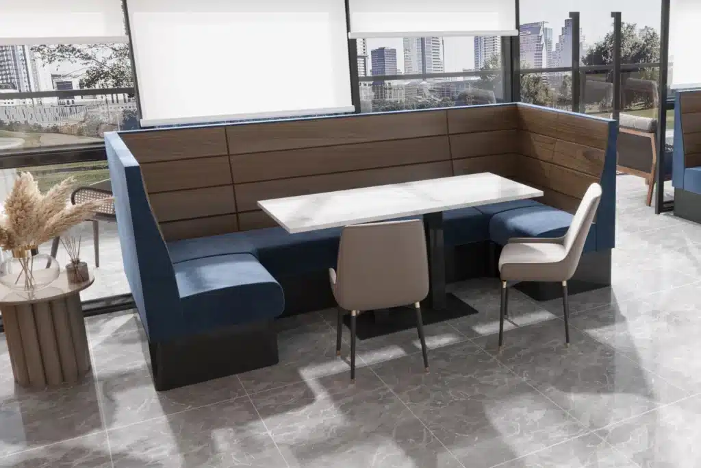 Plank style banquette booth set in a U shape configuration with table in the middle