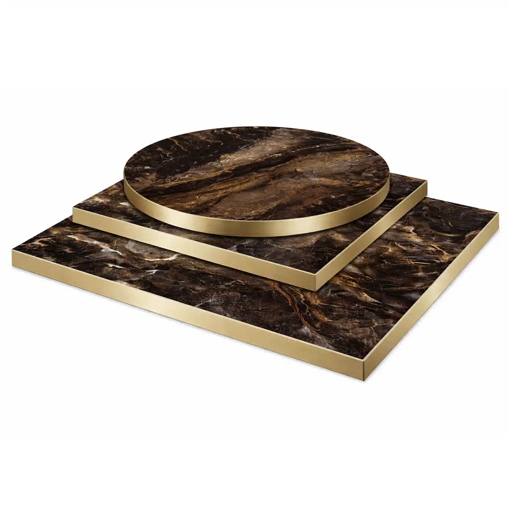 Stacked Round and Square Marbled Cappuccino Golde Edge Table Top in a white background studio