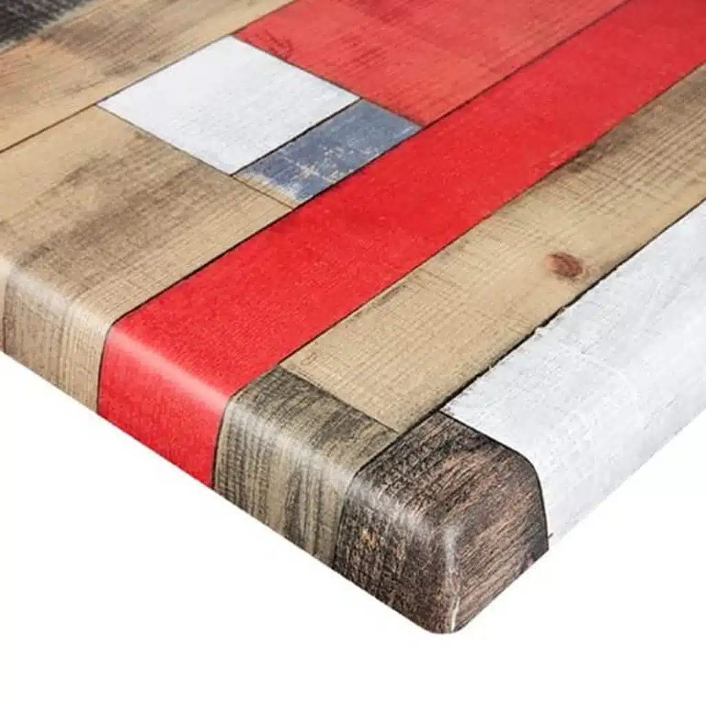 Red Wood Werzalit square table top close up