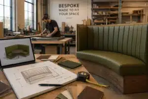 Bespoke banquette seating unit in a factory workshop, showing the breakdown of making a banquette unit