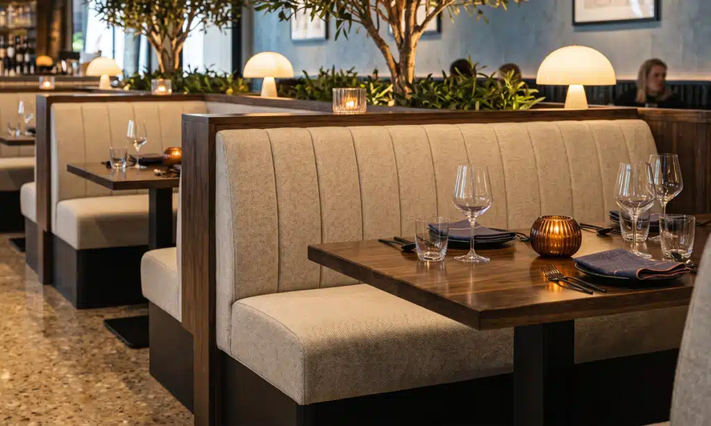 banquette and booth seating in a Luxurious restaurant at night, bespoke banquette seating made by HCF Contract Furniture for commercial hospitality use