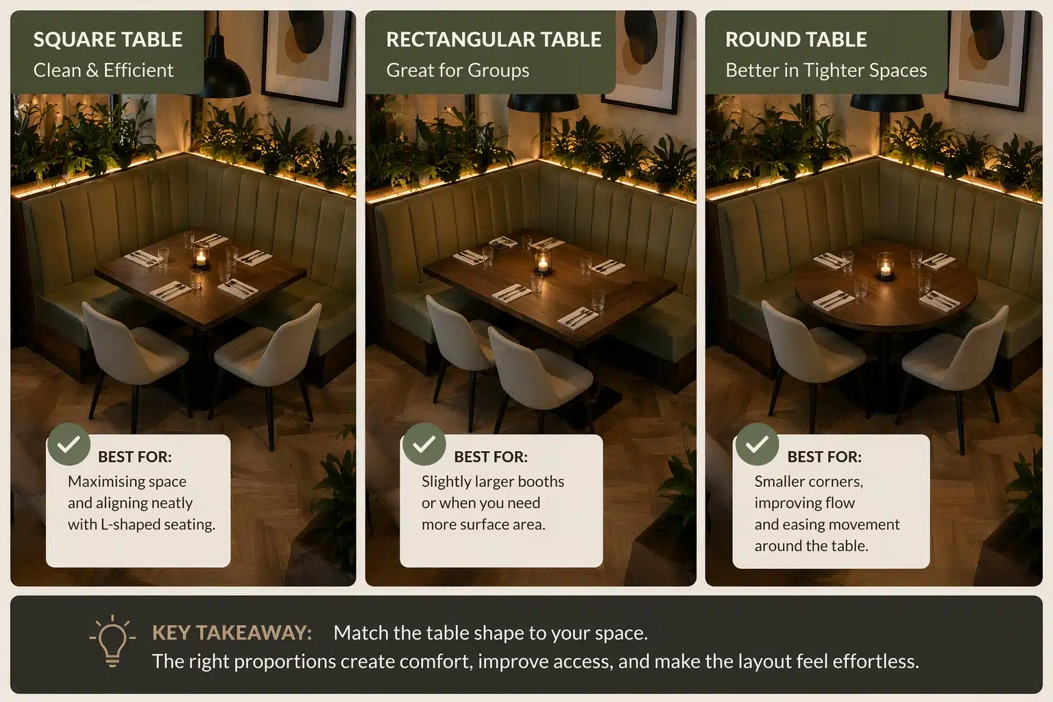 Annotated image of three types of corner booth seating tables, round, rectangle or square, showing the differences of corner booth seating layouts