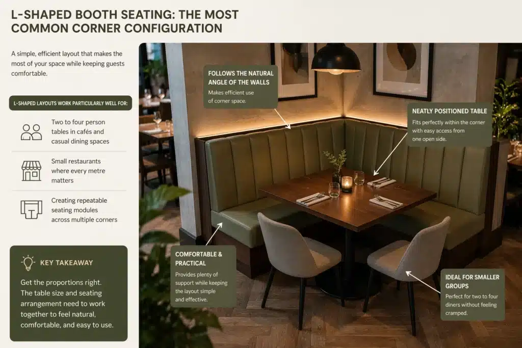 Detailed annotated image on a corner booth set in a restaurant, showing a simple space efficient layout for banquette seating