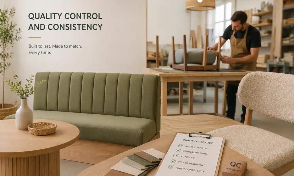 Deep fluted banquette seating for restaurants in a furniture showroom, made by HCF Contract Furniture for the trade, bright clean modern showroom