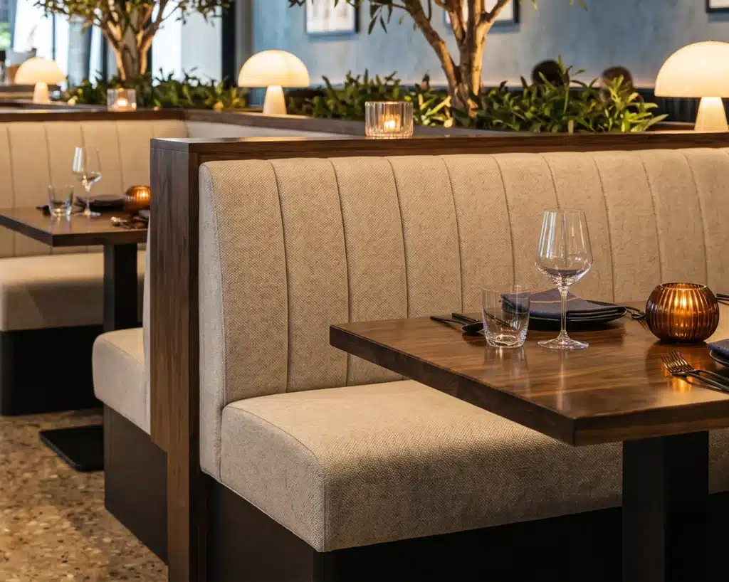 banquette and booth seating in a Luxurious restaurant at night, bespoke banquette seating made by HCF Contract Furniture for commercial hospitality use