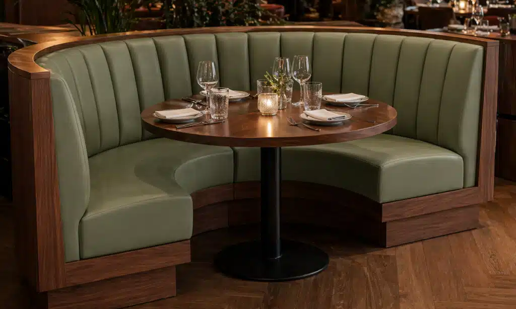 Round Booth set and banquette seating in a modern restaurant interior, showing hardwood plinths and luxurious fabric upholstery, made for UK commercial restaurants