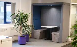 Qube Acoustic meeting pod in an office space, made by hcf contract furniture