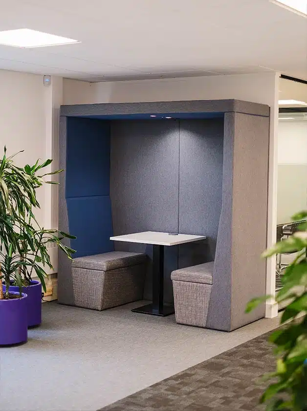 close up image of an acoustic office pod in a workspace envrionment, made by HCF contract furniture