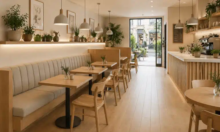 UK Cafe fixed seating run against a wall in a modern scandi style cafe, bespoke banquette manufactered by HCF Contract Furniture